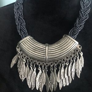 Beaded and metal feathers  boho necklace